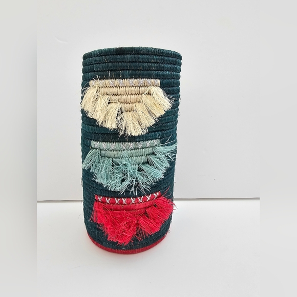 Hand Crafted Other - Handmade Rwandan Coiled Sisal Basket Vase Teal with Layered Tassels Boho Art